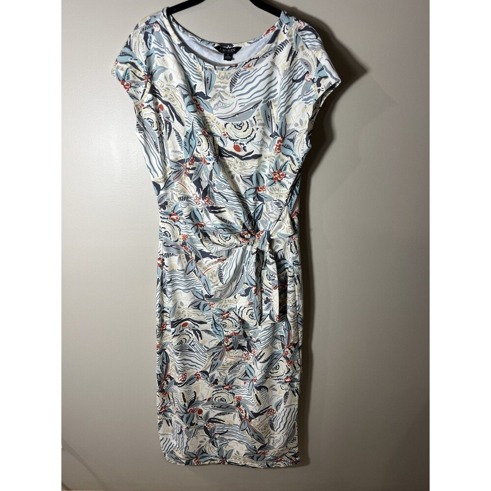 Lauren Ralph Lauren Summer Print Tie Front Boatneck Midi Dress Size Large